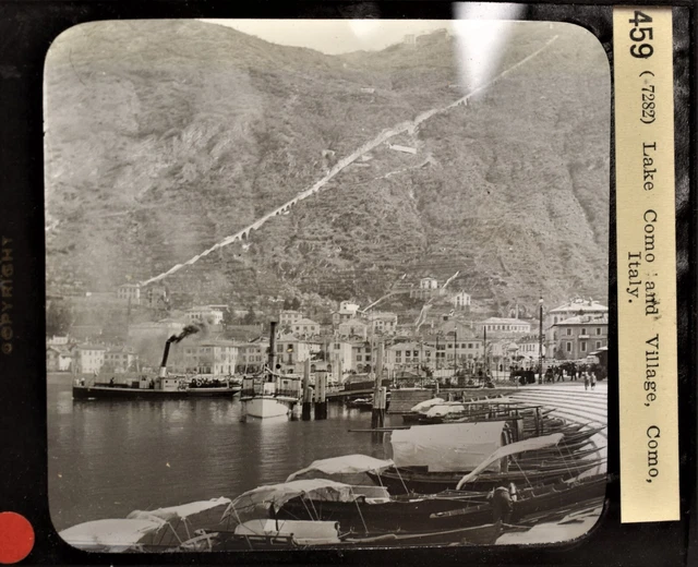 2-459 Magic Lantern Glass Slide Photo Lake Como Village Italy