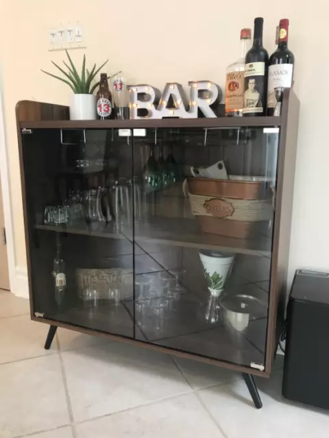 Modern Bar Cabinet Walnut Cupboard Display Glass Doors Wine Storage Shelf Rack