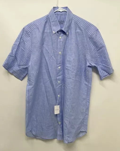 Van Laack Royal Mens 38 S Linen Button Down Short Sleeve Shirt Blue Stripe