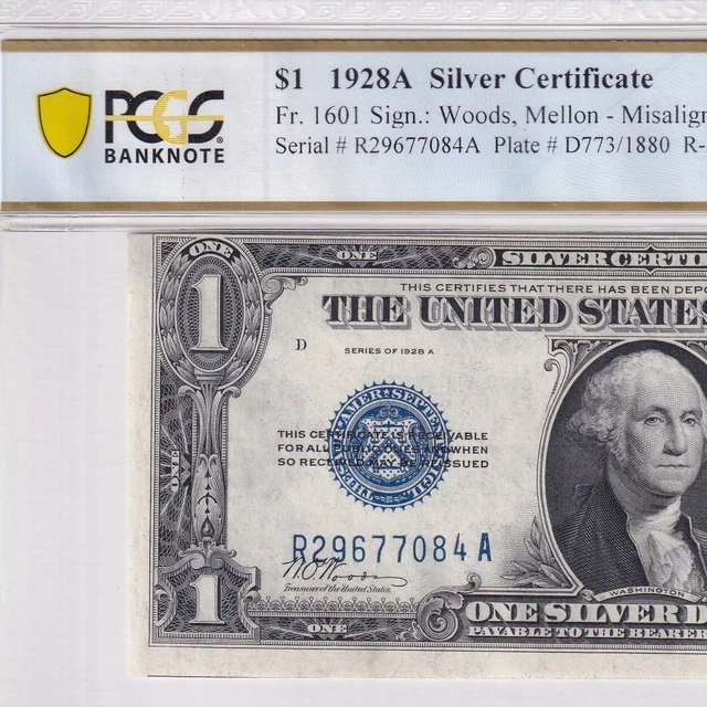 1928-A One Dollar Silver Certificate Fr#1601—ERROR: Misaligned—PCGS 55 About UNC