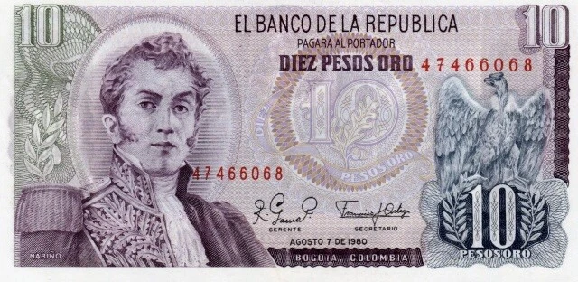 10 Pesos Uncirculated note. Ten pesos UNC. Single 10 pesos. Colombia 1980 bill.