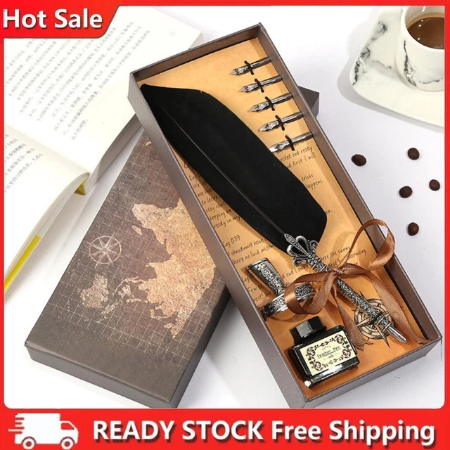 CALLIGRAPHY FEATHER DIP Pen Writing Ink Quill Fountain Pen Set (Black ...