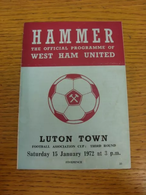 15/01/1972 West Ham United v Luton Town [FA Cup] (Creased, Worn, Subs Noted Insi