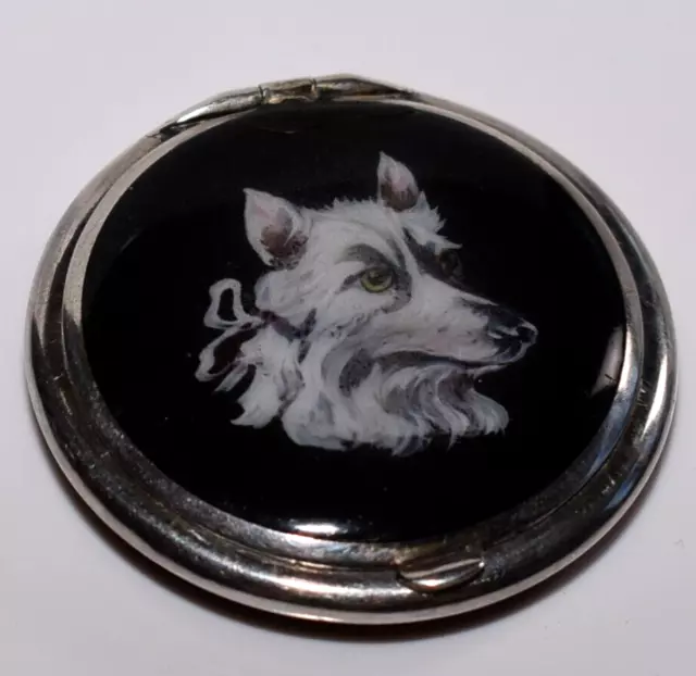 FABULOUS Antique STERLING Hand Painted BLACK ENAMEL **WHITE DOG** Compact W*O*W*