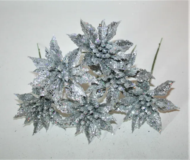 Artificial Set of Small Silver Glitter Poinsettia  Picks Christmas Flower Décor