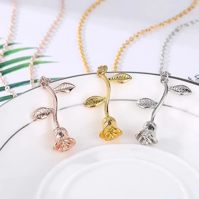 Fashion Women Rose Flower Chain Crystal Rhinestone Pendant Necklace Jewelry
