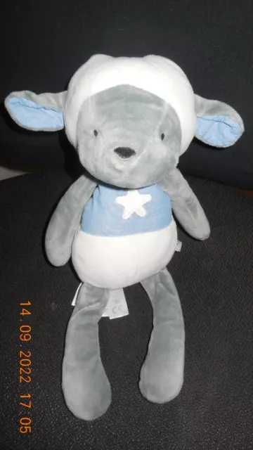 doudou peluche mouton blanc gris bleu OBAIBI 33cm