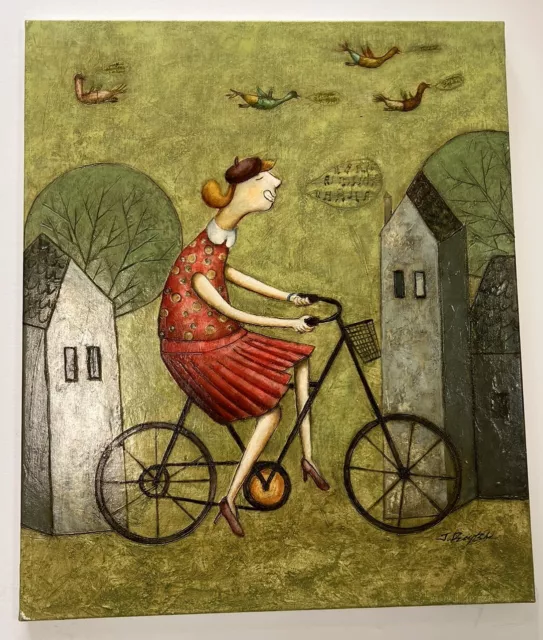 20x24 Fun Unique Whimsical  Oil Painting Of A Girl On A Bicycle