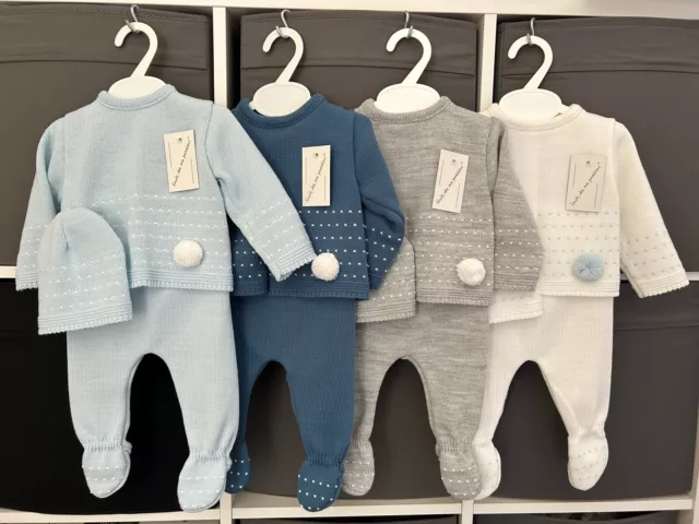 Newborn Baby Boy Spanish Knitted Outfit Boys Blue White Boxed Pram Gift Set