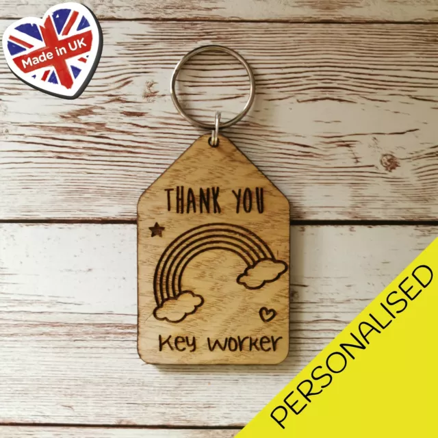 Personalised Thank You Key Worker Rainbow Engraved Nurses Wooden Keyrings Gifts