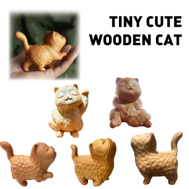 Lovely Chinese Boxwood Wood Hand Carved Cat Statue O1E6