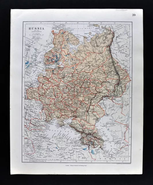 1885 Stanford Map Russia Moscow St. Petersburg Ukraine Poland Finland Antique