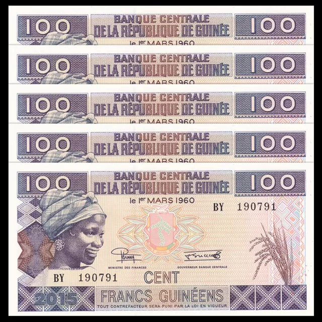 Lot 5 PCS, Guinea 100 Francs, 2015, P-A47,  UNC