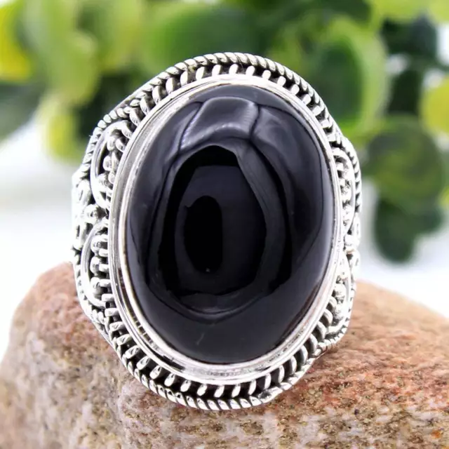 Anillo hecho a mano de piedra preciosa de ónix negro de moda 925 todas las tallas C-282 2