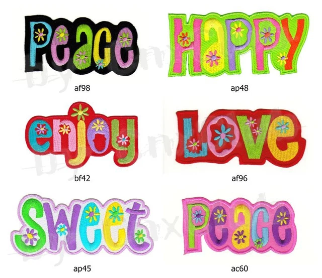 Set #014 Peace Aufnäher 6 Stück Bügelbilder Happy Enjoy Love Sweet Blumen Blüten