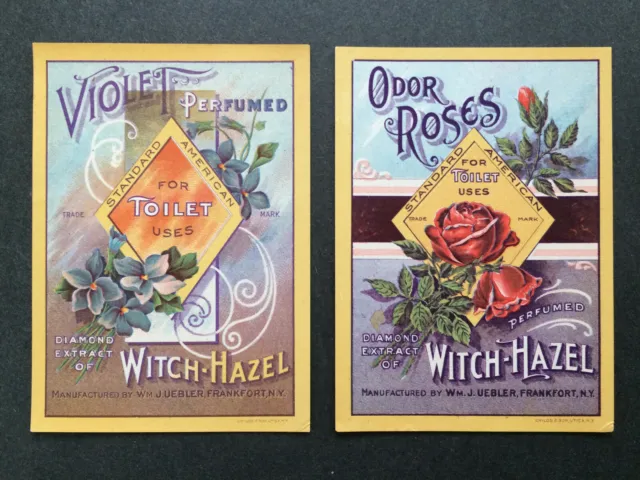 Authentic 1920s VTG Witch Hazel Toilet Water Paper Bottle Labels Roses & Violet