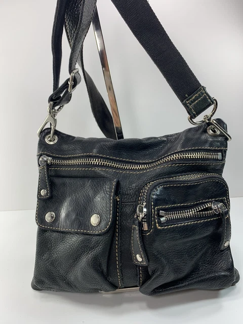 Fossil Crossbody Convertible Shoulder Bag Black Pebbled Leather Multi-pockets