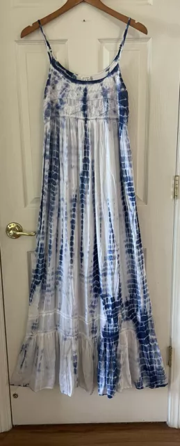 En Creme Sleeveless Boho Maxi Sundress Coverup Dress Royal Blue White Tie-Dye S