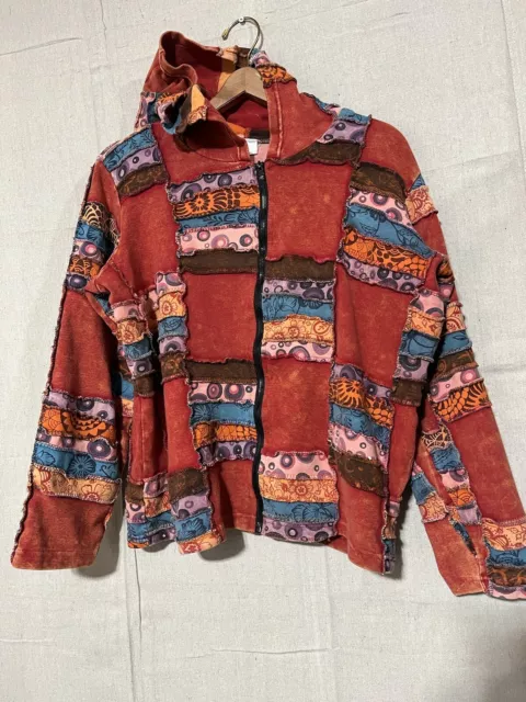 Greater Good Network Hoodie Patchwork Jacket Women L XL Full Zip Red