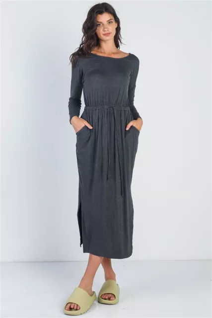 Midi Sleeve Basic Maxi Dress Charcoal Grey