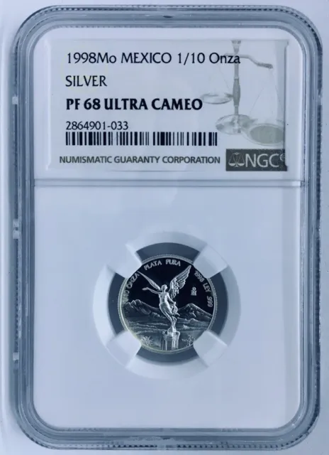 Mexico LIBERTAD 1/10 oz Silver 1998 PROOF -PF68- VERY RARE! KEY DATE Mintage:300