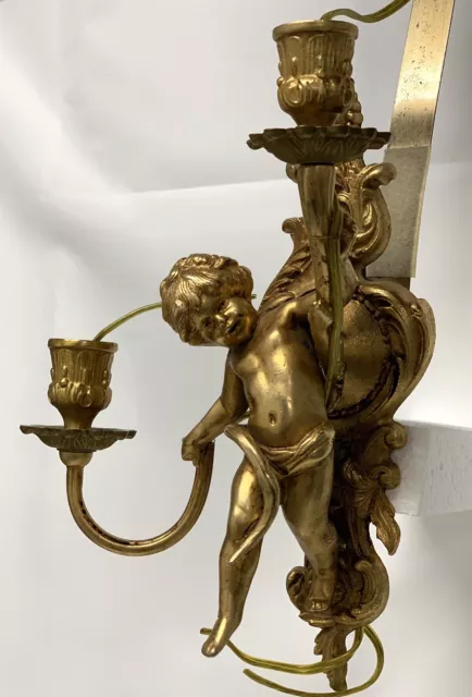 Vintage Pair Of Brass Cherubs Double Sconce Lighting Candle Holder 3