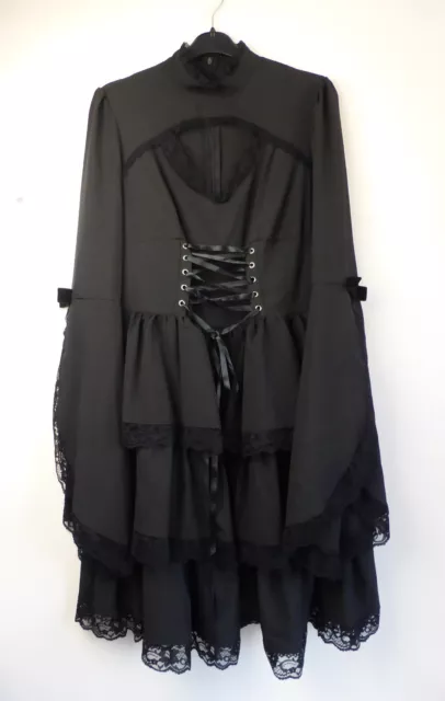 Size M  Goth/Steampunk Tiered Dress with Lace Trim, Lace Up  Black Unbranded