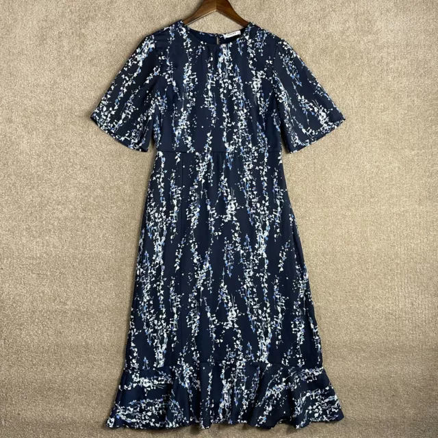 Pieces Midi Dress Womens Size Small S Navy Blue Short Sleeve Printed Ruffle Hem