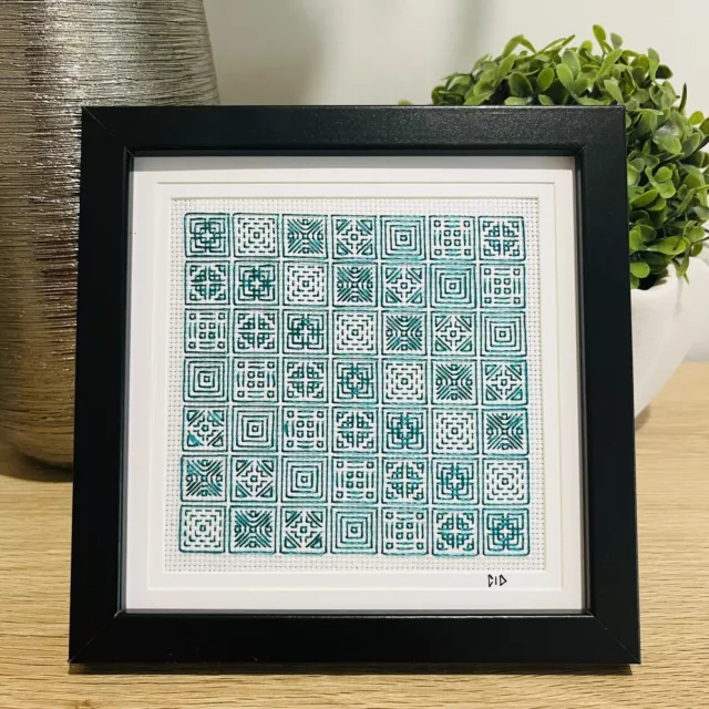 Cidstitches Geometric Squares Back Stitch Finished Wood Frame 7" Wall Desk Art