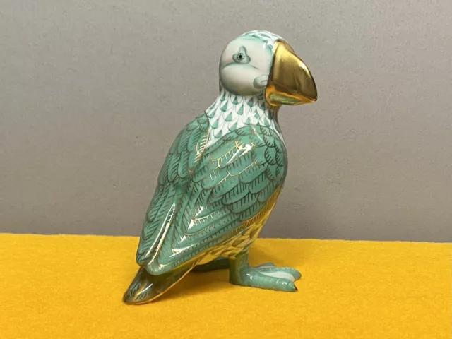Herend Hungary Porcelain Key Lime Green Fishnet Hand Painted Puffin Figurine