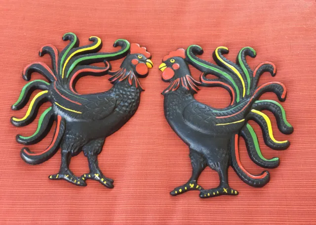 Pair Vintage Cast Iron Roosters Wall Hanging Painted Vintage Americana Farmhouse