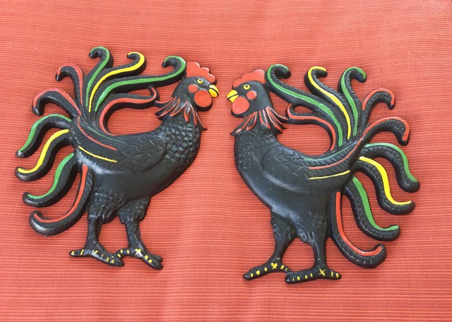 Pair Vintage Cast Iron Roosters Wall Hanging Painted Vintage Americana Farmhouse