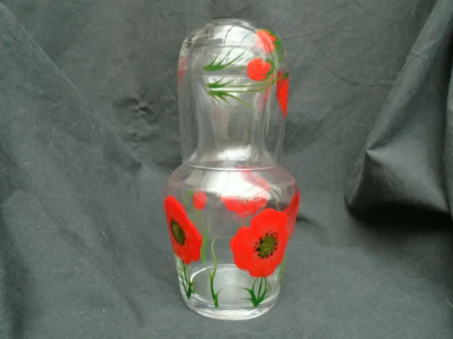 Vintage Glass Bedside Water Carafe and Glass Hand Painted Poppies