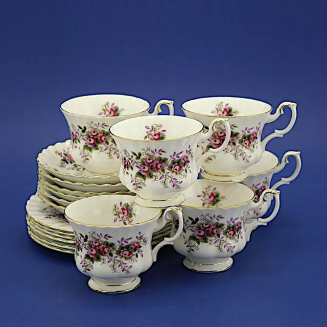 Six Royal Albert Lavender Rose Bone China Tea Trios - Six Cups, Saucers & Plates