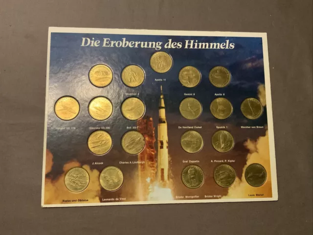 Shell AG 20 Gedenkmedaillen ca. 70er Jahre - Die Eroberung des Himmels-Papptafel