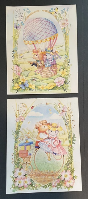2 -Vintage Nursery Art Prints Mouse Mice Pastels Pink Blue Lavender