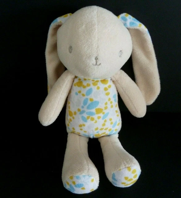 *. DOUDOU PELUCHE KLORANE LAPIN BLANC ECRU BLEU JAUNE FLEUR 24cm EXCELLENT ETAT