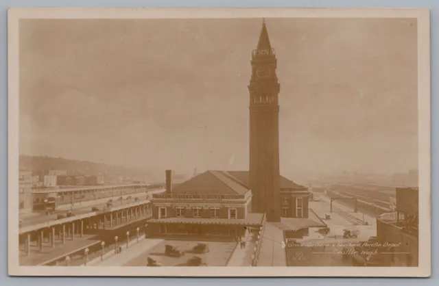 Great Northern & Northern Pacific Depot Seattle WA RPPC Real Photo Postcard