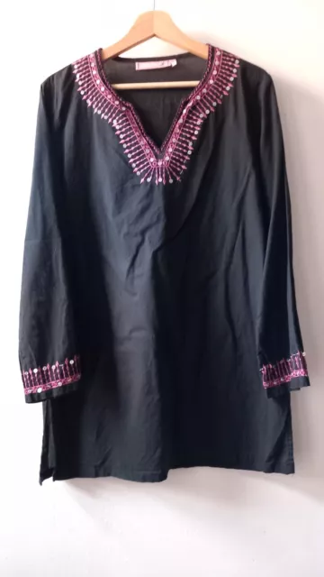 Indian style black pink sequin embroidered tunic cover up top long sleeve sz 16