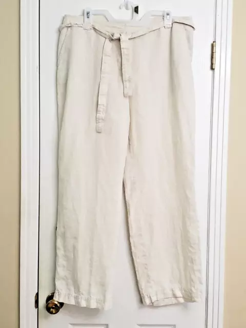 Lord & Taylor 100% Linen Pants High Rise Straight Leg Roll Tab Belted Size 12P