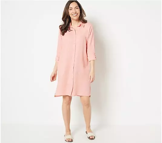 Denim & Co. Linen Blend ButtonUp Shirt Dress w/Pockets(Coral Almond, XL) A500882