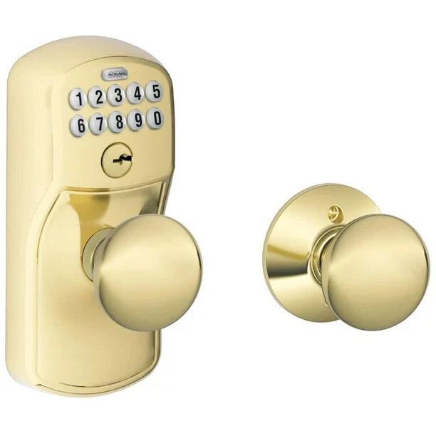 New SCHLAGE FE575 PLY 505 Bright Brass (gold), Keypad Entry Plymouth Knobs Lock