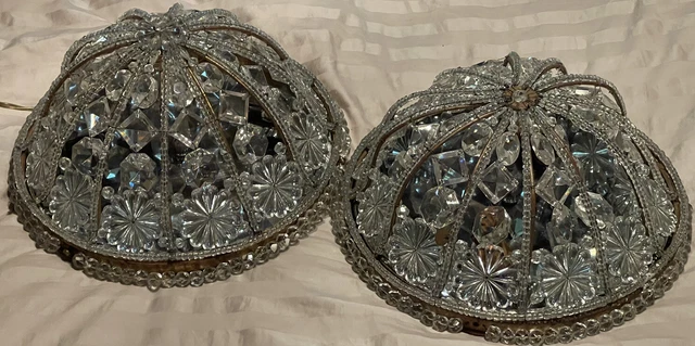 Pair Of VTG Italian Crystal Macaroni Beaded Basket Chandeliers Flush Mount 10” Pair Of VTG Italian Crystal Macaroni Beaded Basket Chandeliers Flush Mount 10”