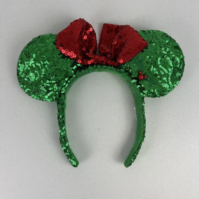 Disney Theme Parks Exclusive Christmas Green Holly Berry Sequined Mickey Ears