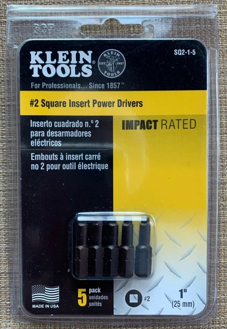 New Klein Tools Brand #2 Square Insert Power Drivers 5 Pack SQ2-1-5  1 Inch Bits