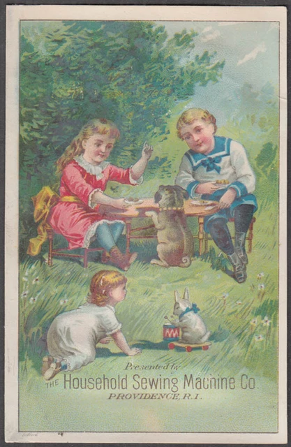 Household Sewing Machine trade card children's picnic toy bunny & dog 1880s