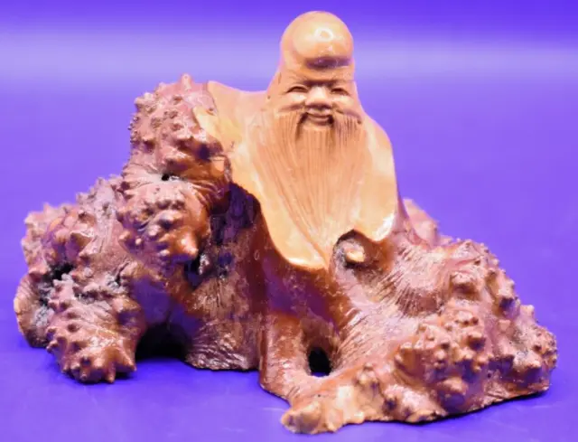 Wooden Carved Sculpture  Statue Chinese Figure Root God of Luck Carving Small