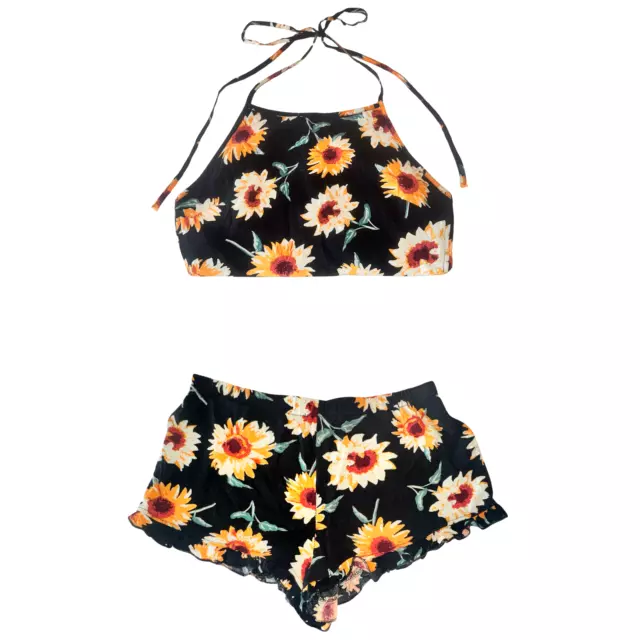 Reverse Two-Piece Sunflower Coord Set Halter Crop Top Ruffle Shorts Black S