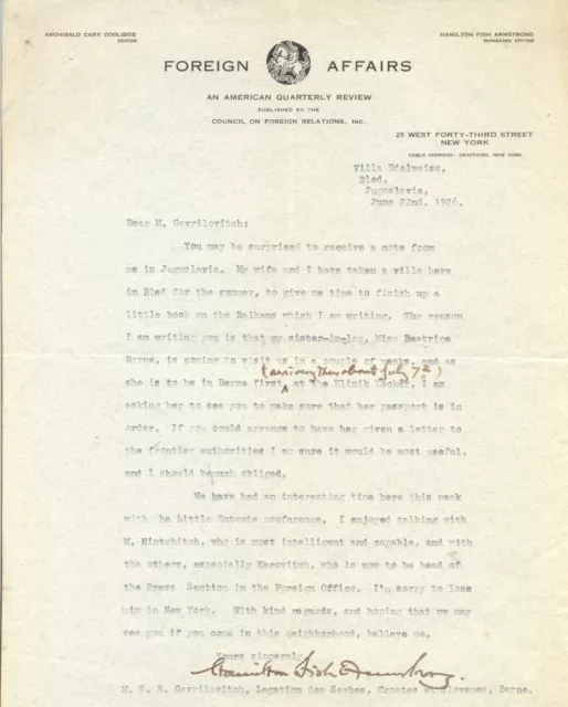 1926 Hamilton Fish Armstrong United States diplomat and editor typed letter sign