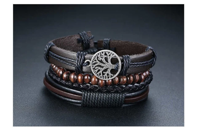 Ensemble 4 Bracelets Tressés En Cuir Bijoux Vintage Arbre De Vie Perles en Bois